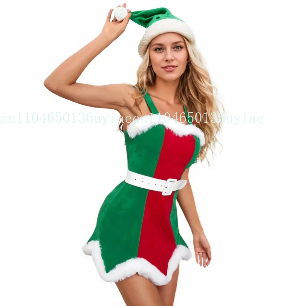 

Mrs Santa Dress for Women Xmas Cosplay Costumes Green Red Sexy Sleeveless Dresses Female Carnival Christmas Party Fancy Dress