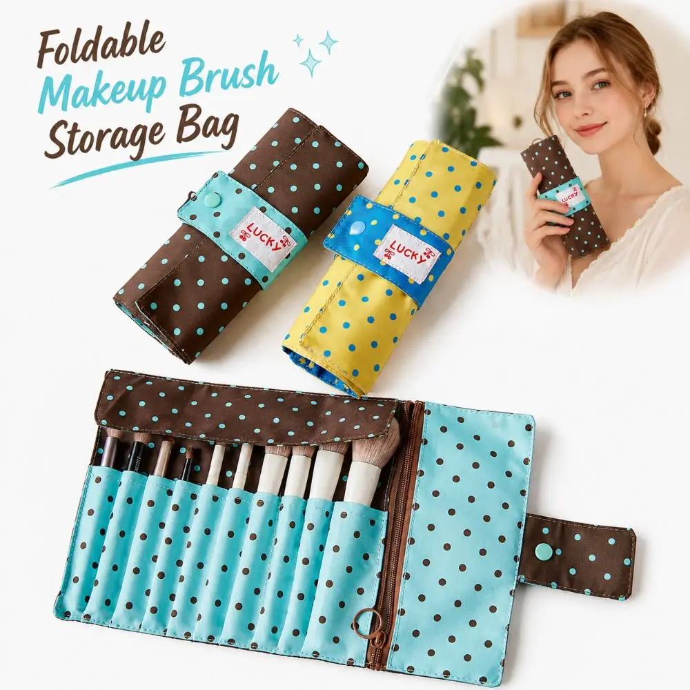 Cute Polka Dot Makeup Brush Storage Bag 10 Slots Multipurpose Makeup Tool Bag Portable Canvas Makeup Bag Makeup Brushes,Pens,Etc