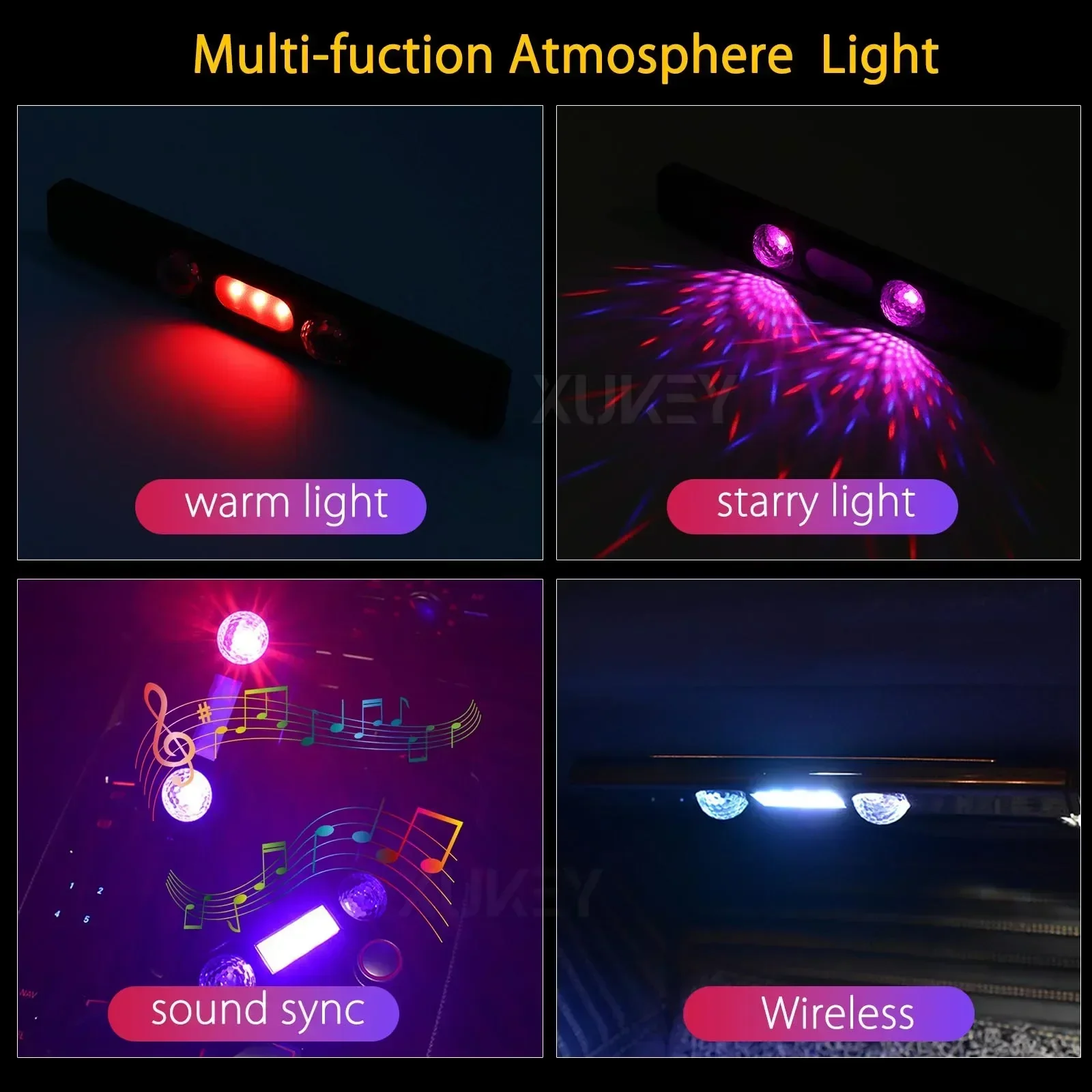 WANWUXIN Wireless Car Interior LED Lights Neon RGB USB Rechargeable Ambient Lights Magnetic with Sound Synchronization Remote Co