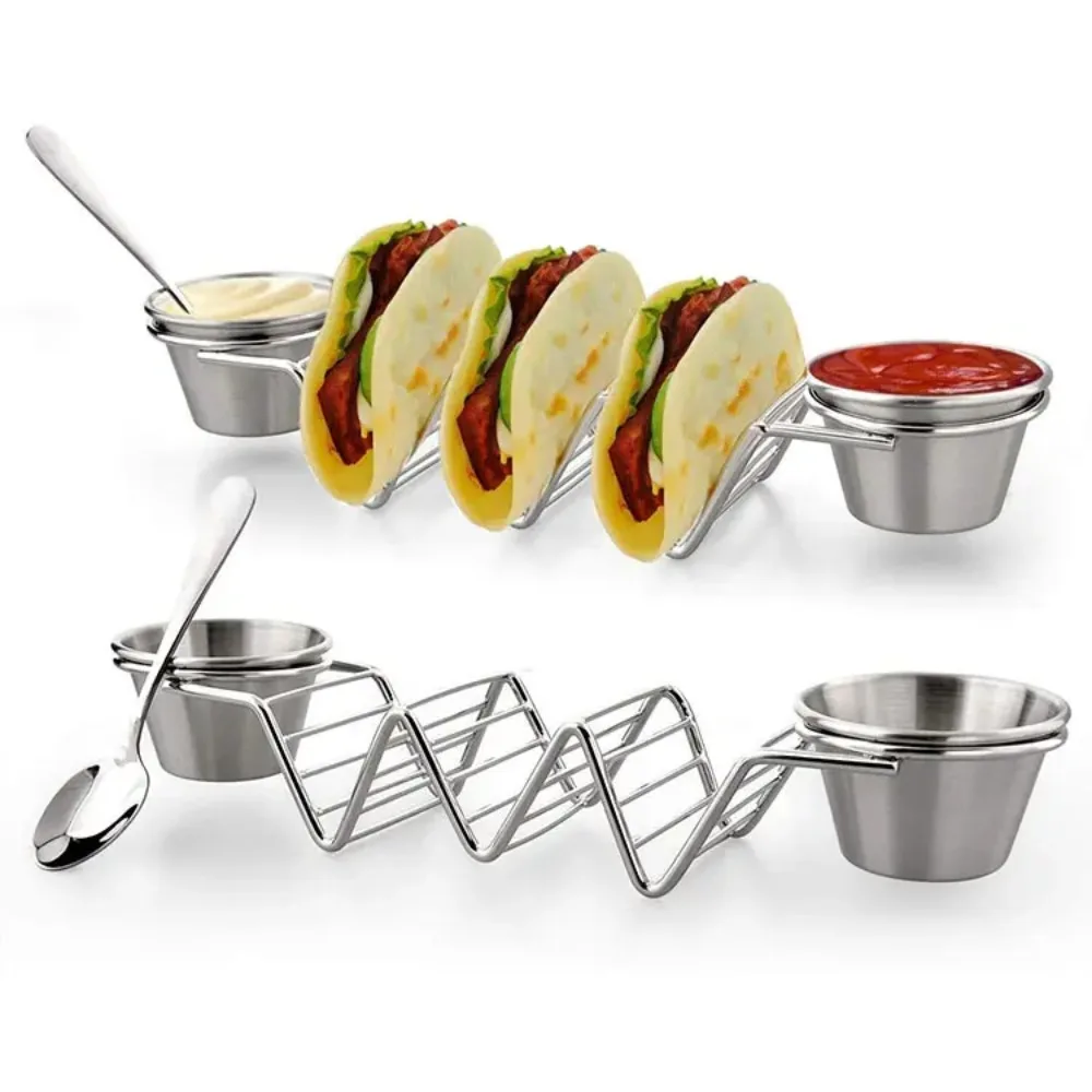 4PCS/Set Taco Holder Stand Set with Sauce Cups and Spoons Stainless Steel Mexican Food Rack Taco Tray for Restaurant Home Use