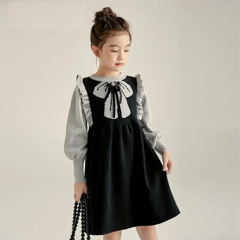 Autumn Winter Patchwork Cute Sweet Girls Dress Long Sleeve Fashion Cute Bow Kids Princess Dress Kawaii Chic Children's Clothing