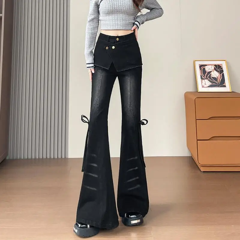 

Hot 2026 New Spring Autumn New Women Wear Fake Two Piece Retro Black Splicing Micro La Jeans Fashion Spicy Girl Trendy Pants