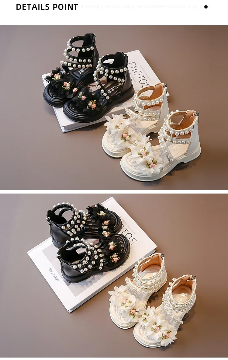 Girls Sandals Summer New Beige Flower Pearls Little Girl Princess Shoes Black Soft Bottom Non-slip Girls Kid Sandals Shoes