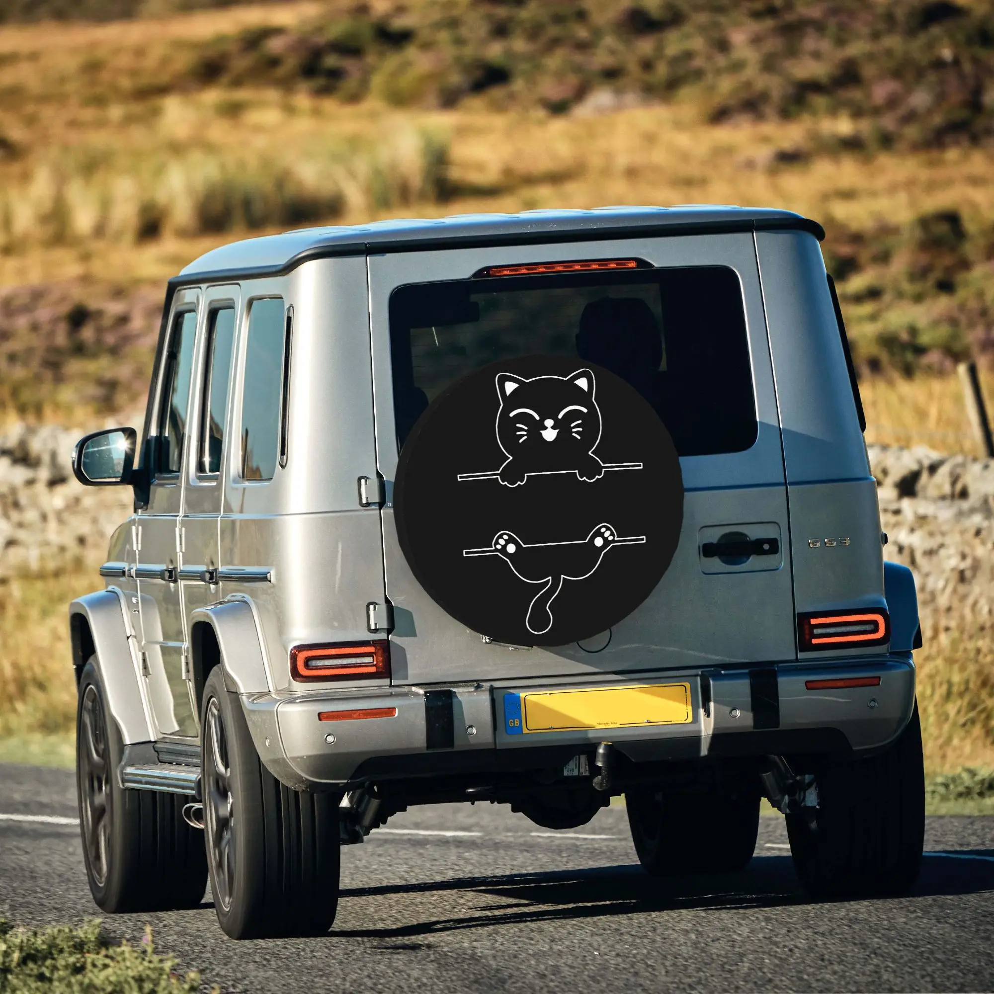2D Flat 1pc Peeking Smiling Black Cat Car Tire Cover 35.56/38.1/40.64/43.18 Cm, Spare Tire Cover, Essential For Camping Off-Road