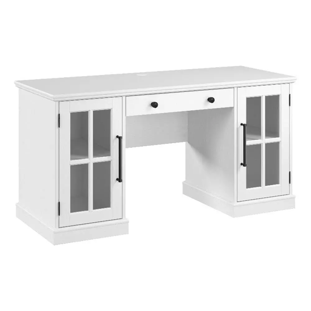 

60W Computer Desk with Storage and Keyboard Tray in White Ash | Farmhouse Desk for Home Office