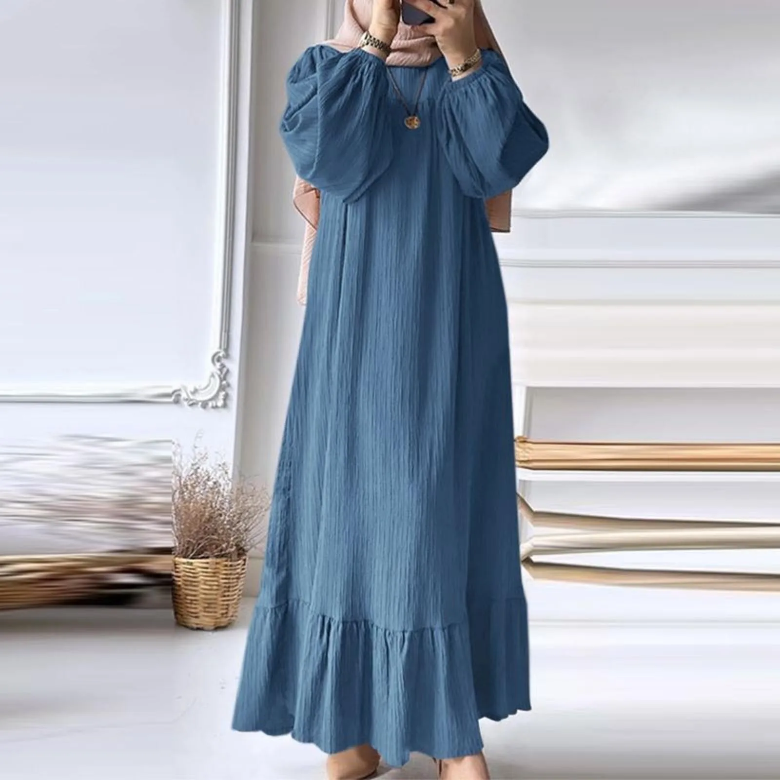 Vestido musulmán de manga larga para mujer, ropa de oración Abaya, túnica larga lisa con volantes, caftán informal, vestidos de talla grande