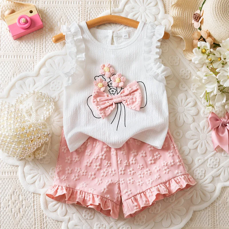 

2026New Summer Girls' Outfit Cute Floral Top+Pink floral shorts two-piece set