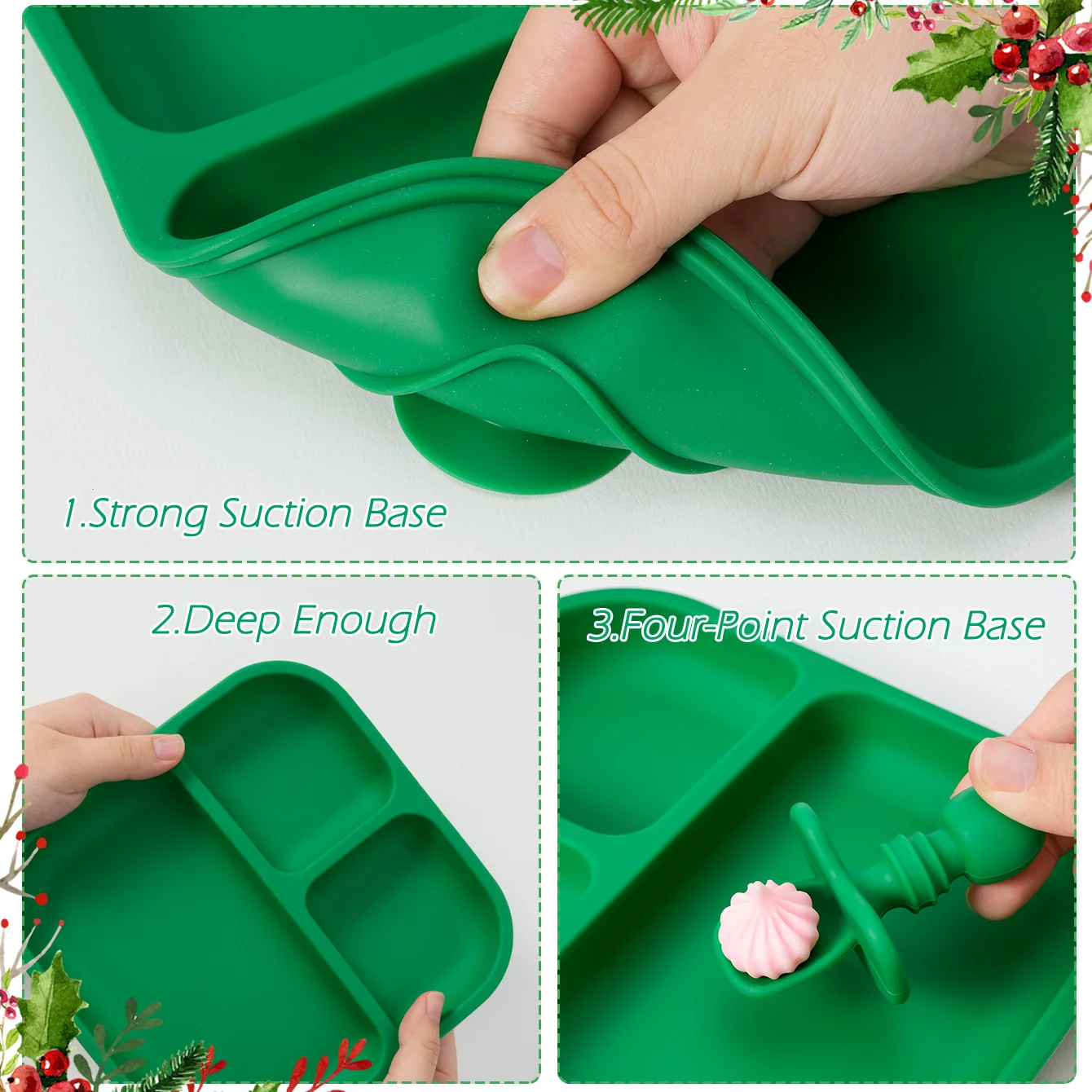 3PCS BPA 프리 실리콘 아기 식기 세트 사각 흡착 접시 훈련용 포크 스푼 이유식 식기 어린이 크리스마스 선물