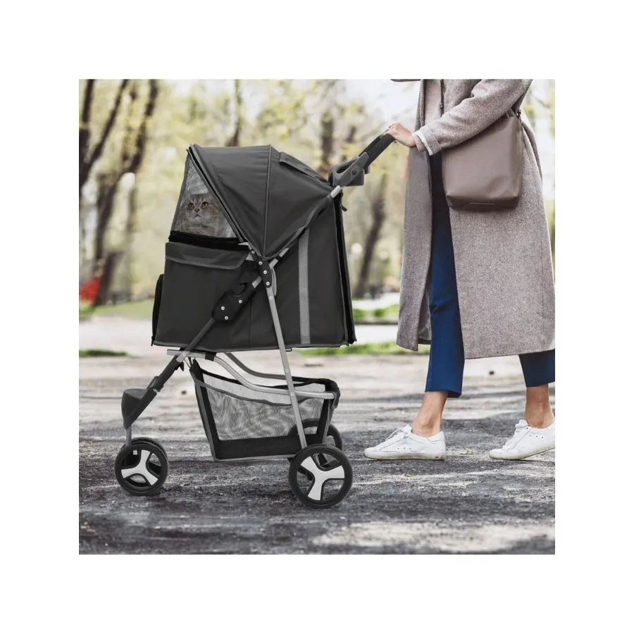 Foldable Dog Strollers For Small Dogs With Weather Cover, 3 Wheels Pet Strolling Cart For Dogs And Cats With Storage Basket view 5