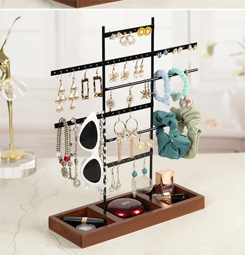 Large Seven-Layer Earrings Jewelry Rack Solid Wood Base Lipstick Storage Glasses Head Rope Bracelet Necklace Black Display Stand