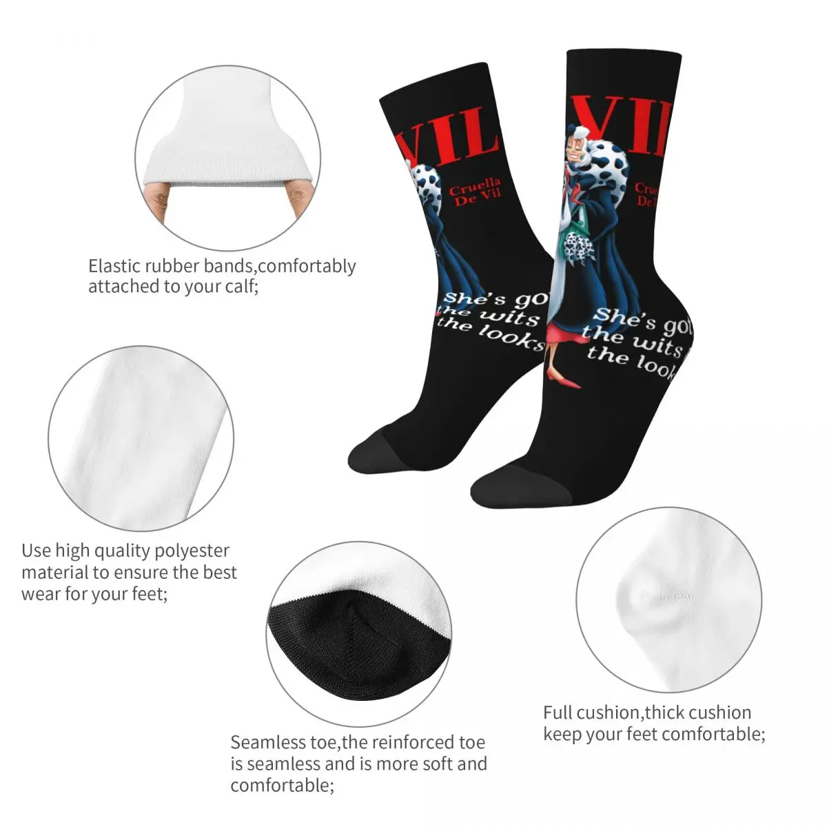 Male Men Socks Casual Deville Cruella De Vil Villains 101 Dalmatians Sock New Sport Women Socks Spring Summer Autumn Winter