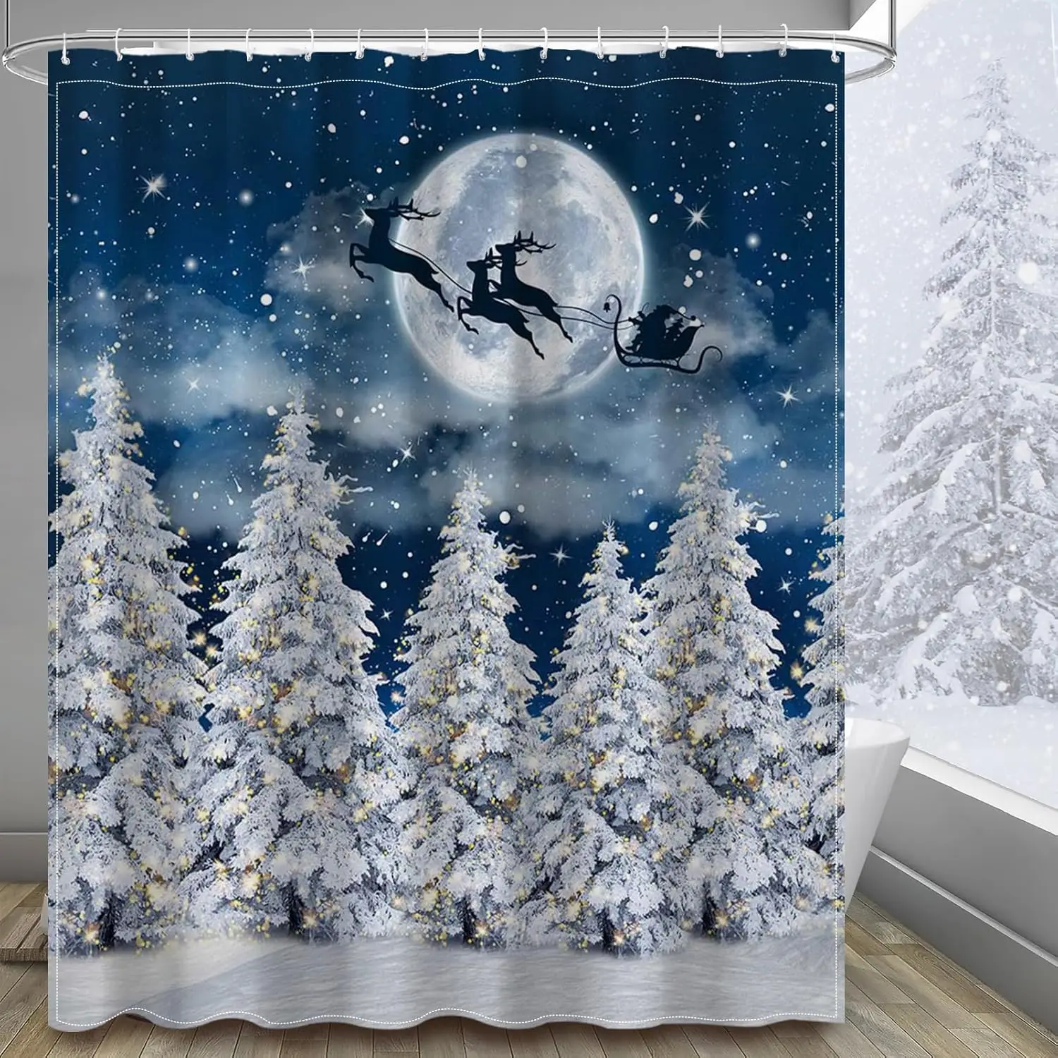 

Winter Forest Shower Curtain Christmas Santa Claus Bathroom Curtain Xmas Snowy Forest Shower Curtain Set Watercolor Frabic