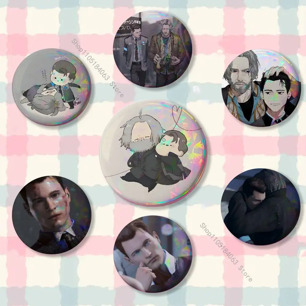 Hank and Connor Hug D-Detroit Laser reflective round badges pins bag clothing decorations collectibles gifts for friends