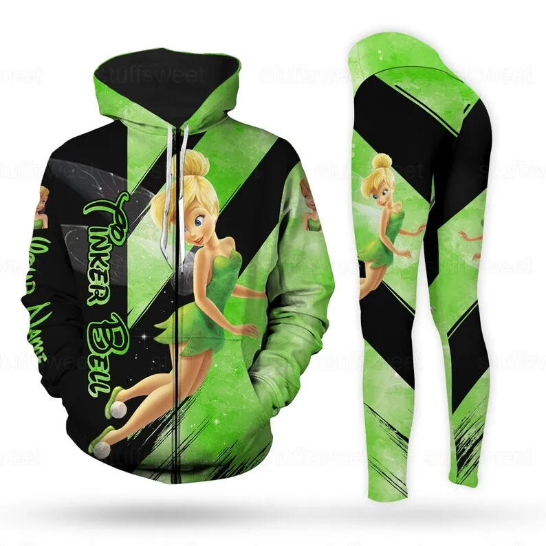 New Disney Tinker Bell 3D Hoodie Women\'s Hoodie Suit Tinker Bell Custom Name Yoga Pants Sweatpants Fashion Sports Suit