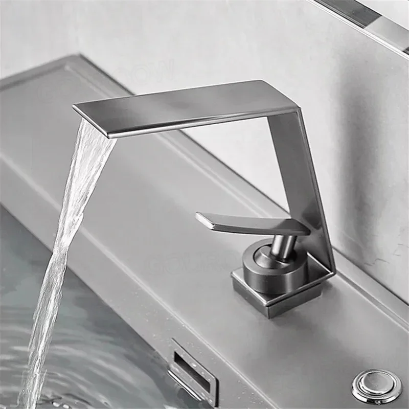 

Design Hot & Cold Basin Faucet Bathroom Lavatory Sink Mixer Waterfall Tap Brass Crane Vessel Single Lever Hand Grey/Chrome/Black