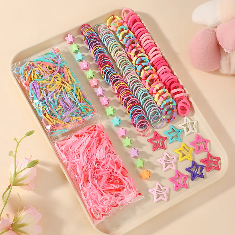 800Pcs Candy Color Kids Hair Set Small Rubber Hair Bands Star Snap Barrettes Daily Hair Accessories for Little Girls