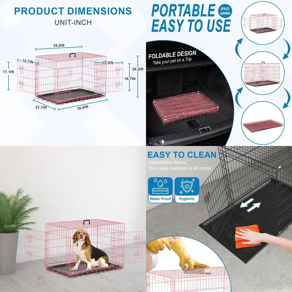 

Портативная розовая металлическая переноска для собак средних размеров с ручкой и поддоном, подходит для использования в помещении и на улице