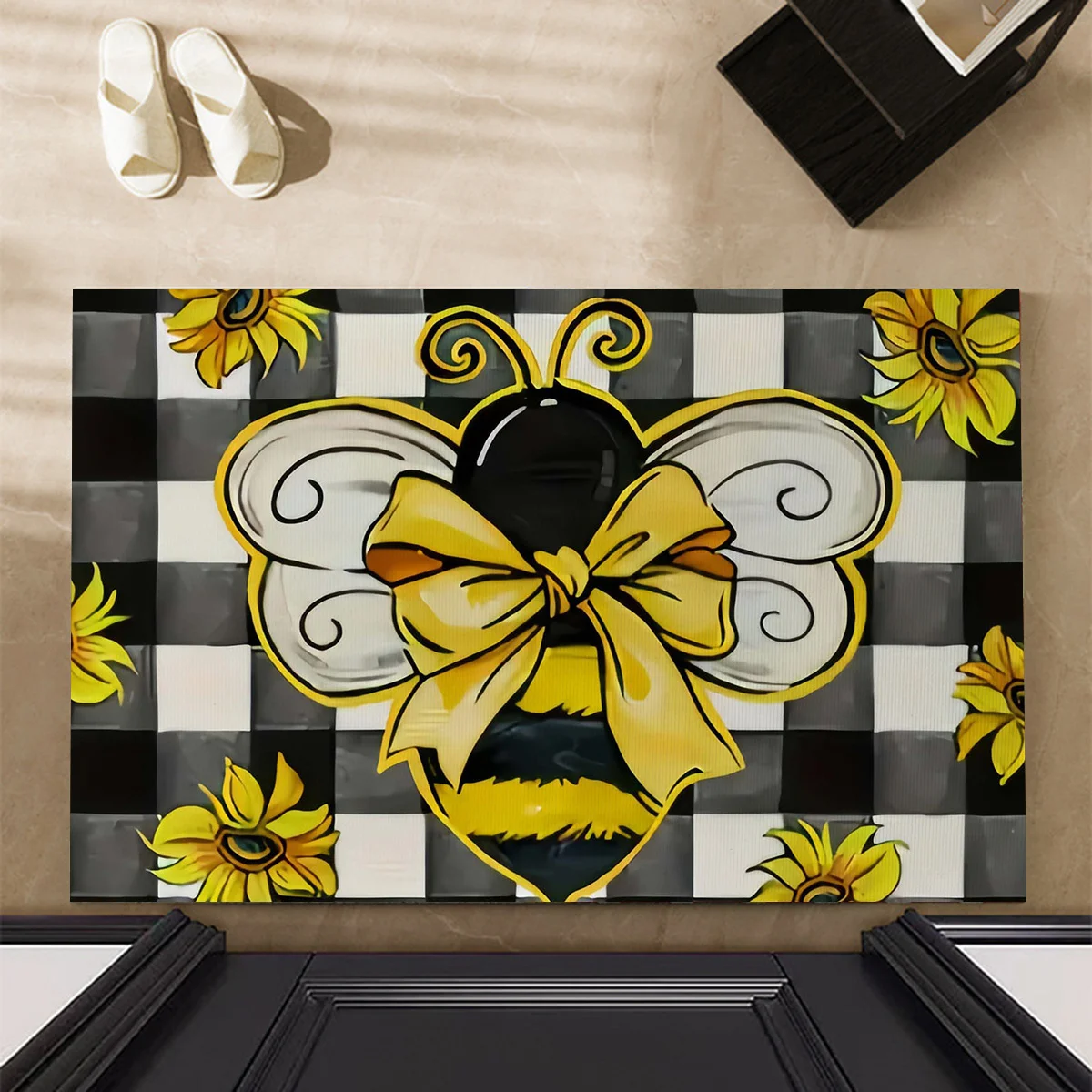 Non-Slip Bee-Themed Mat with Rubber Base - Humorous Plaid Pattern Featuring Cartoon Bees And Sunflowers, Ideal for Indoor/Outd