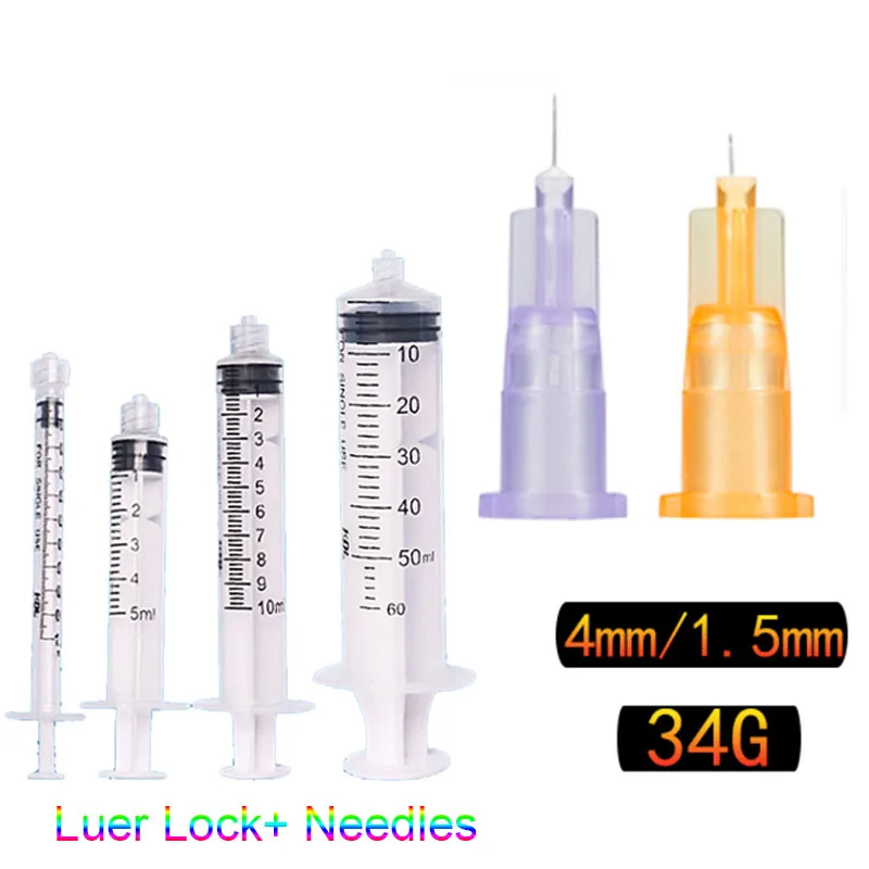 20pcs/lot 1ml 3ml 5ml luer lock Syringes 32G 4mm 34G Painless Small Needle Irrigator Eyelid For Teeth Disposable Syringes Tattoo