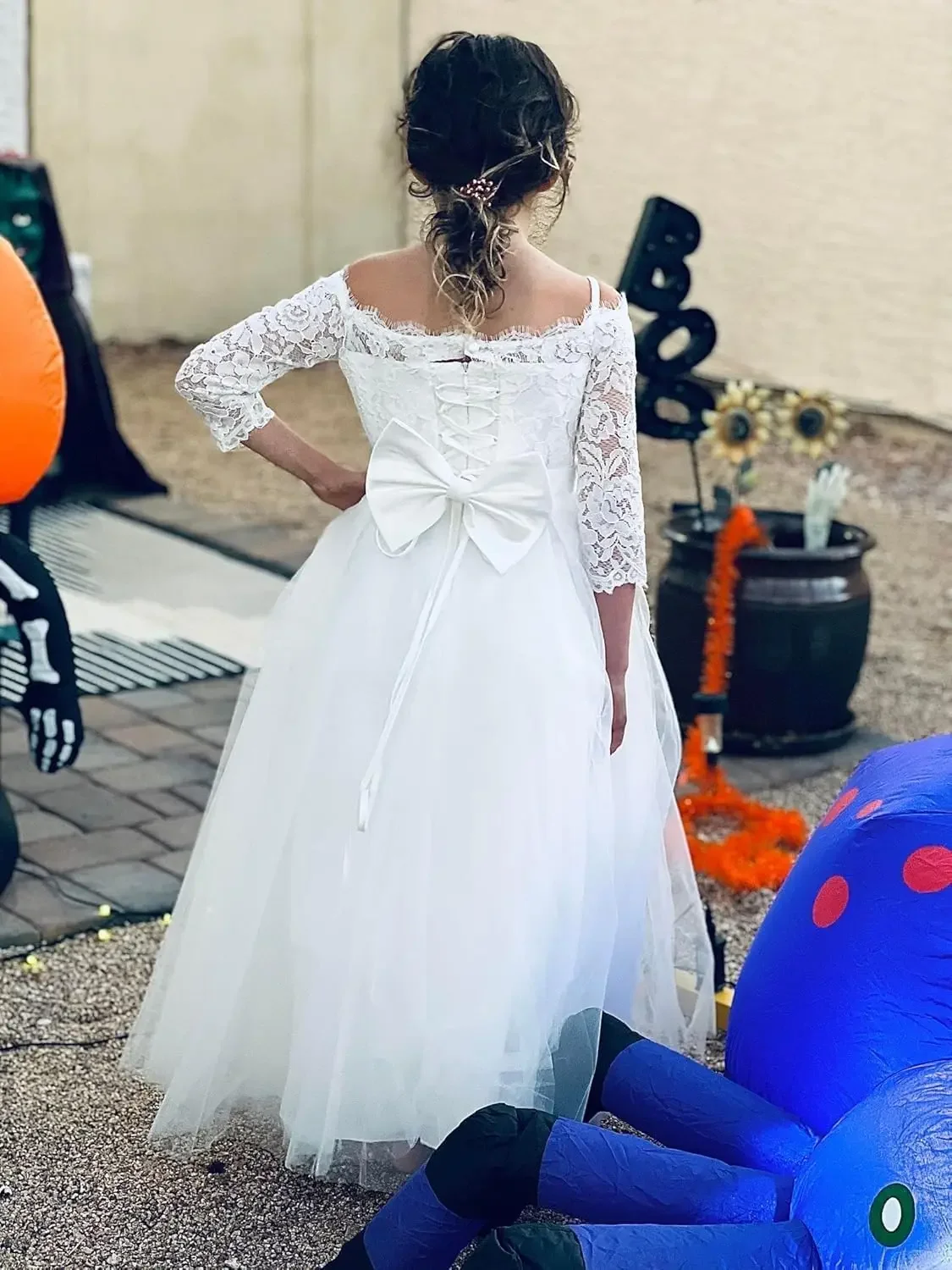 Gaun Putri Gaun Gadis Bunga Gaun Pesta Natal Pesta Kontes Anak Renda Putih Anak Lengan Panjang Gaun Komuni Pertama