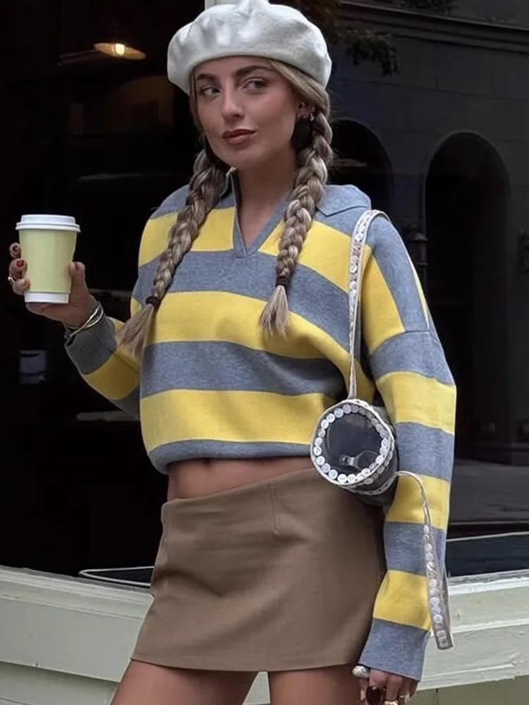 HH Woman Fashion Streetwear Loose Lazy 2-color Polo Collar Stripe Knitted Sweater Women Autumn Slim Long Sleeve Pullover Top