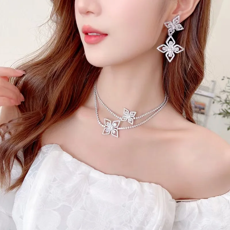 

Sweet Elegant Zircon Flower Double Layered Necklace Colored Zircon Earrings Two-Piece Set Fashion Woman Jewelry Set High-Quality
