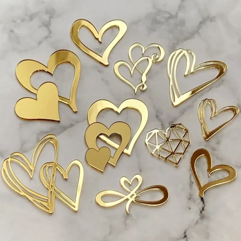 Golden Heart Acrylic Cake Topper Valentine's Day Cupcake Decorations Anniversary Wedding Party Cake Toppers