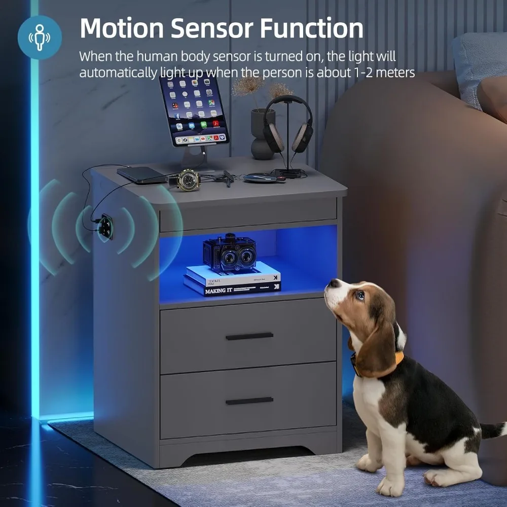 LED Nightstand with Gun Drawer, Modern Beside Table with Charging Station, Auto Sensor 3 Color Dimmable Night Stand