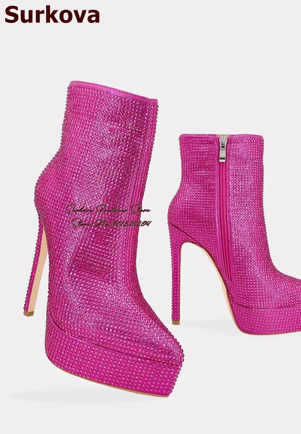 Surkova Silver Pink Bling Bling Full Crystal Ankle Boots Glitter Rhinestone Stiletto Heel Platform Pointed Toe Booties