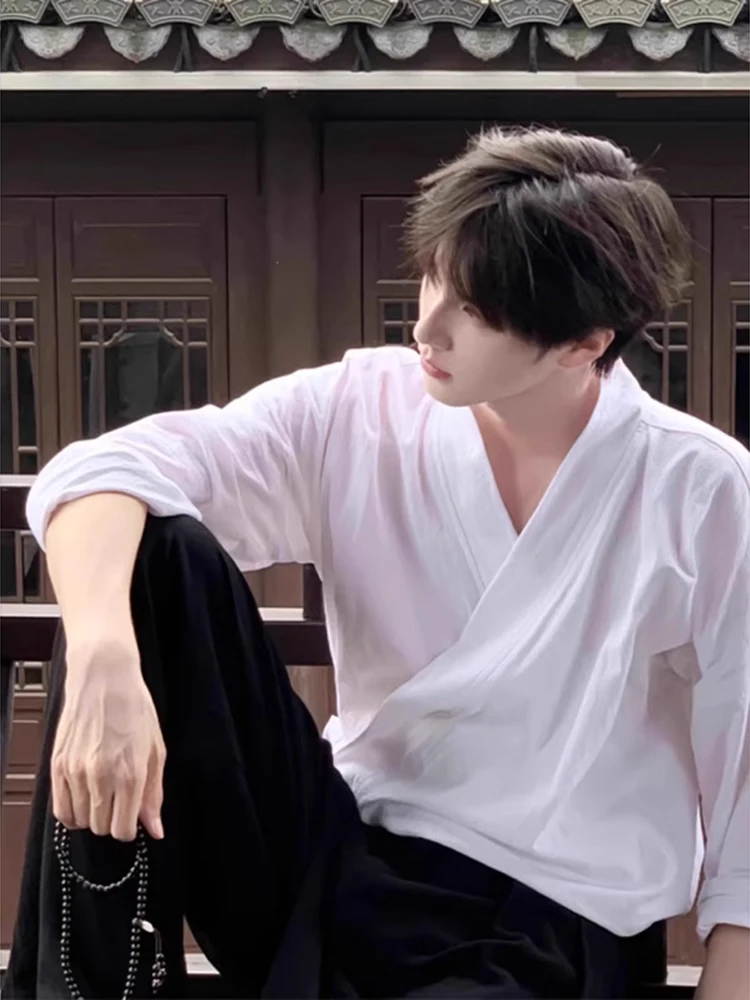 

Новый китайский мужской костюм Long Sve V-Ne irt, осенний костюм ханьфу, юбка с хвостом, одинаковые молодежные повседневные полиэстеровые...