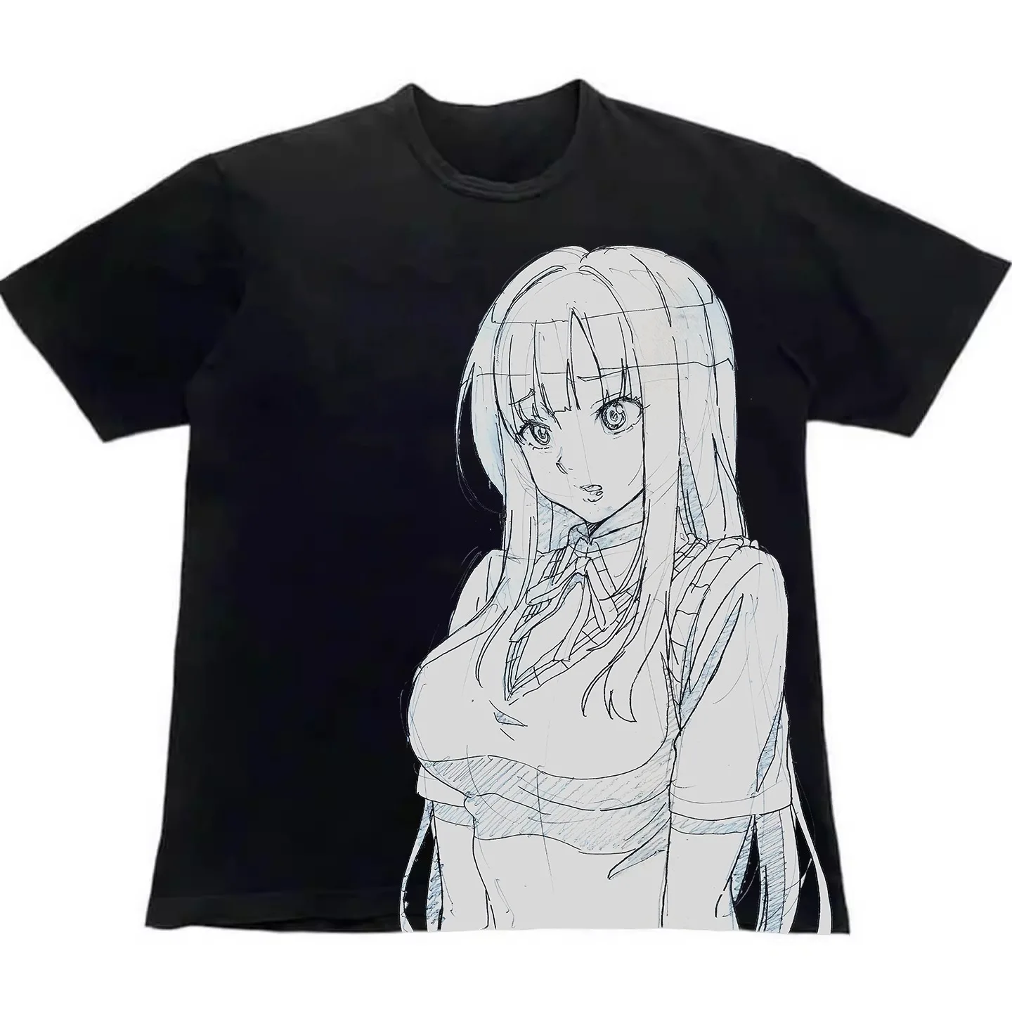 White Retro Japanese Manga Draft Sketch Line‑Art Graphic T-Shirt Cotton Men Women Vintage Style Streetwear Tee