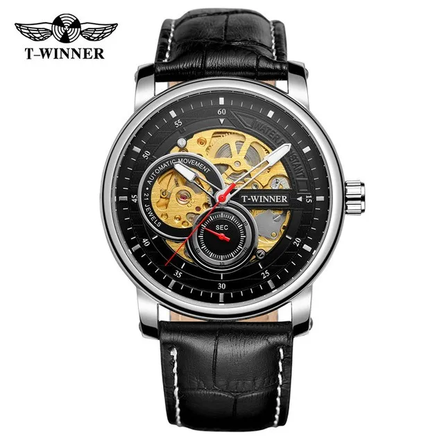 

Fashion Winner Top Brand Automatic Hollow Mechanical Men Sport Army Clock Luxury Gold Skeleton Genuine Leather Wrist Watches