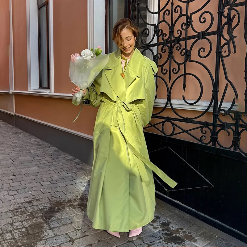 Women Casual Long Trench Coat with Lapel Collar Single-Breasted Batwing Sleeves Windbreaker New Streetwear Oversized Outerwear view 5