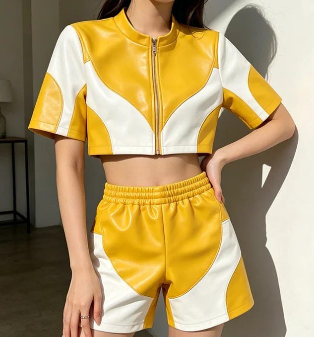 Yellow&White Handmade Latex Rubber Gummi Catsuit Fashion club uniforms Cosplay