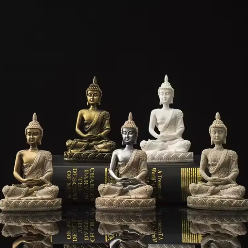 Estatua de Buda Fengshui, resina de arenisca, Base de loto Shakyamuni, adorno artesanal para meditación, decoración de escritorio de mascota Zen