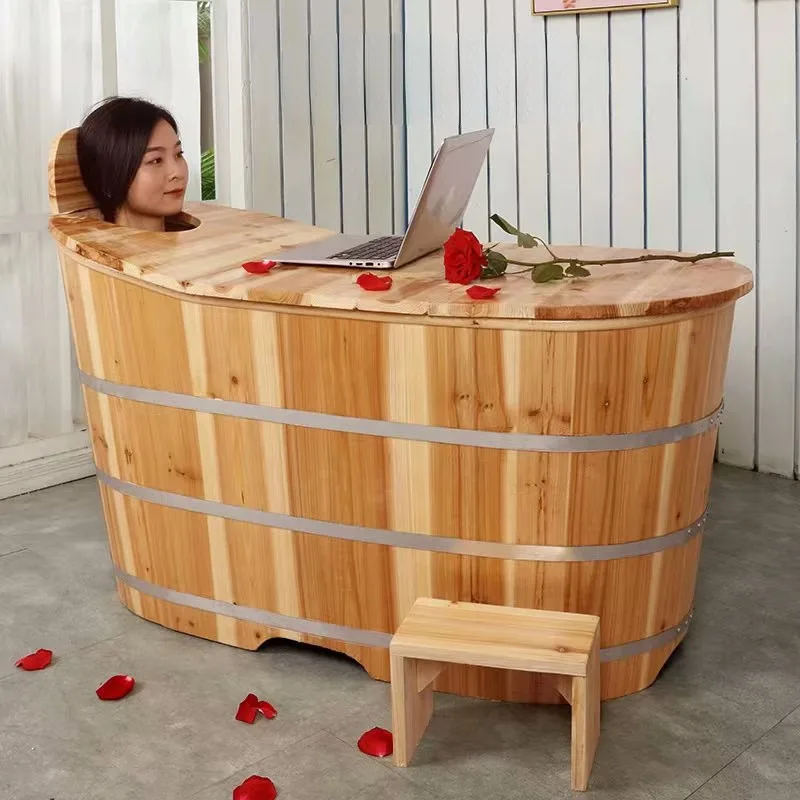 Thickened Wooden Bath Tub Portable Bathtub Adult Spa Bucket Bath Basin Sauna Wooden Barrel Full Body