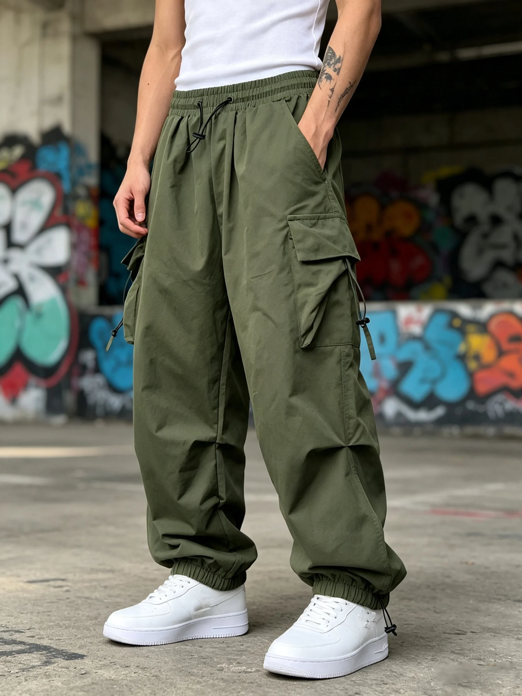 Men Cargo Pants Elastic Waist Drawstring Multi Pocket Cargo Trousers Loose Wide Leg Streetwear Casual Outdoor Daily Sweatpants