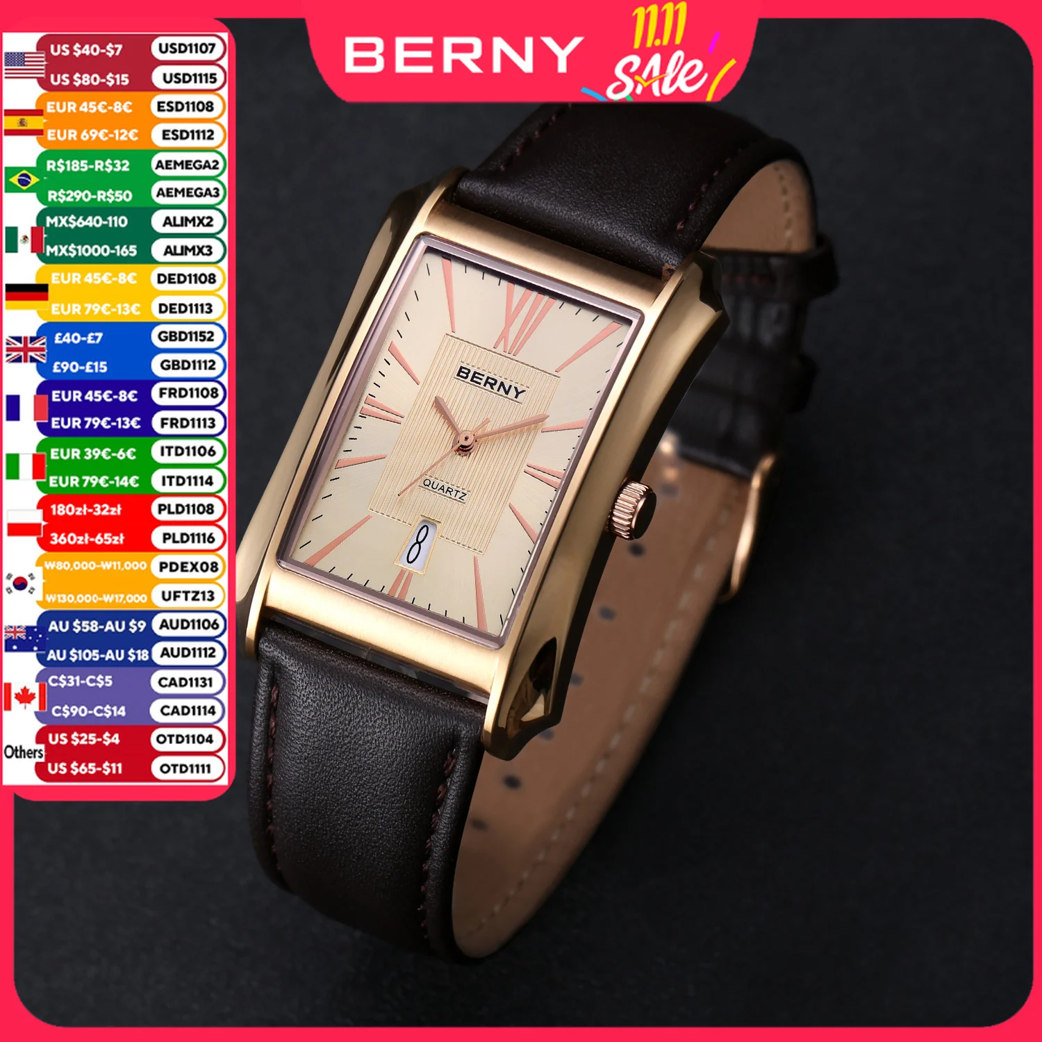 BERNY Watch for Men Rectangle Japan Quartz Wristwatch Waterproof Business Rectangular Dress Male Clock Top Genuine Leather Strap