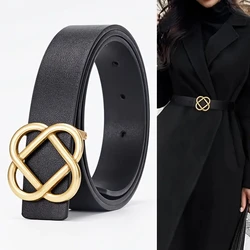 Women's Belt Genuine Leather Decorative All-Match Girdle Flower Shaped Buckle Leather Belt New For Dress Sweater Coat Suit Jeans