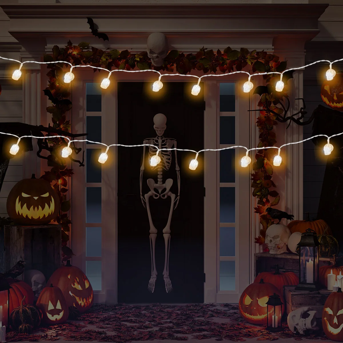 

1Pcs Skull LED Lamp String Halloween Creative Light String Retro Design Powered Warm Yellow Party Decoration Horror