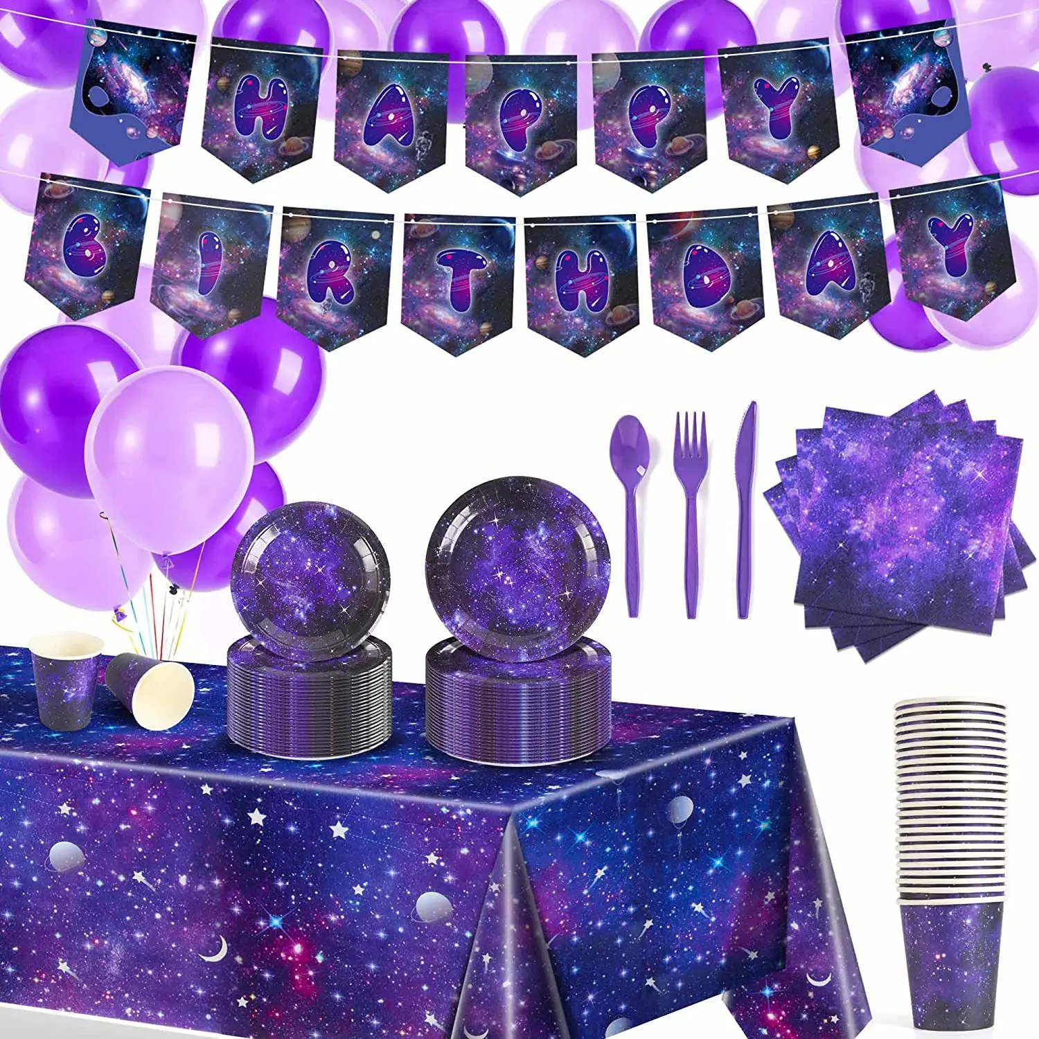 Purple Starry Sky Galaxy Space Theme Party Disposable Tableware Set Paper Plates Cups Happy Birthday Party Decor Kids Adults