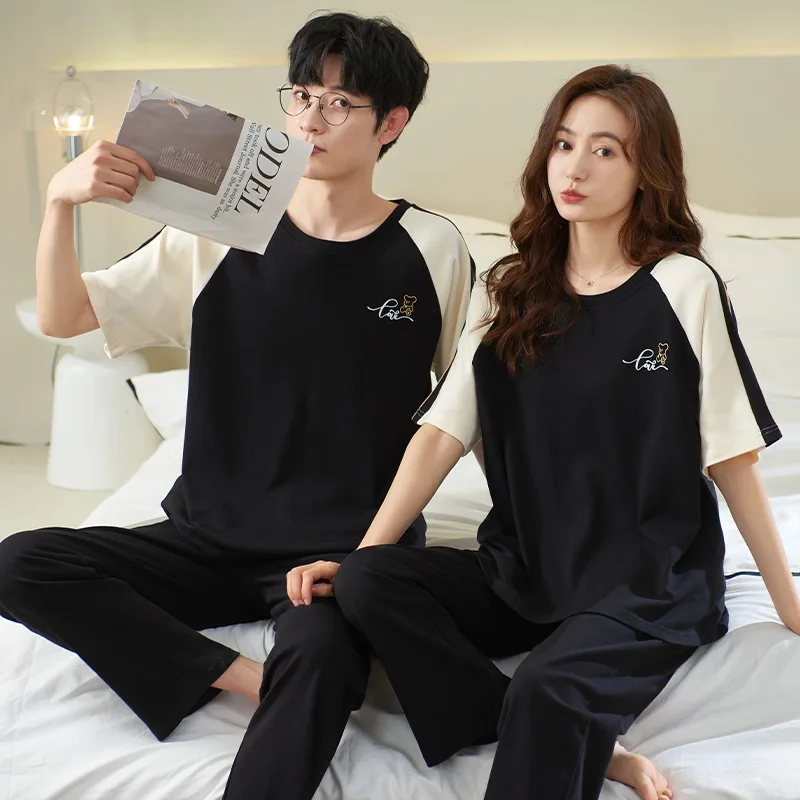 2023 Fashion couple pajamas summer cotton thin men's and women's short-sleeved trousers simple casual ladies summer home clothes