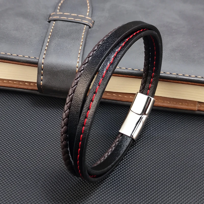 New Braided Leather Men Bracelet Classic Sew The Red Line Magnetic Buckle Multi-layer Leather Bracelet for Men Jewelry Gift