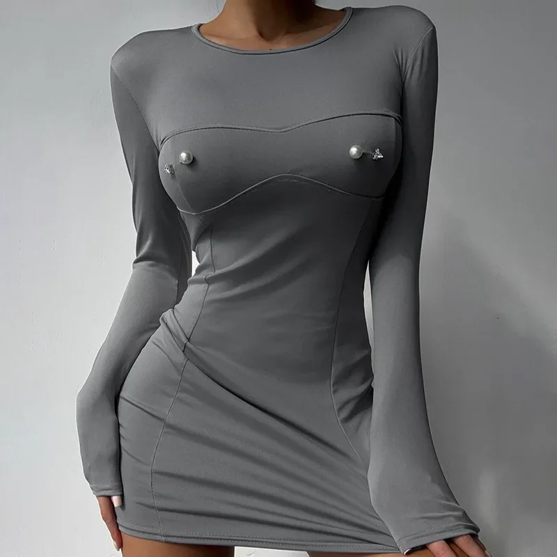 

2026 New Women's Clothing Round Neck Long-sleeved Tight Hip Skirt Metal Decorative Design Dress