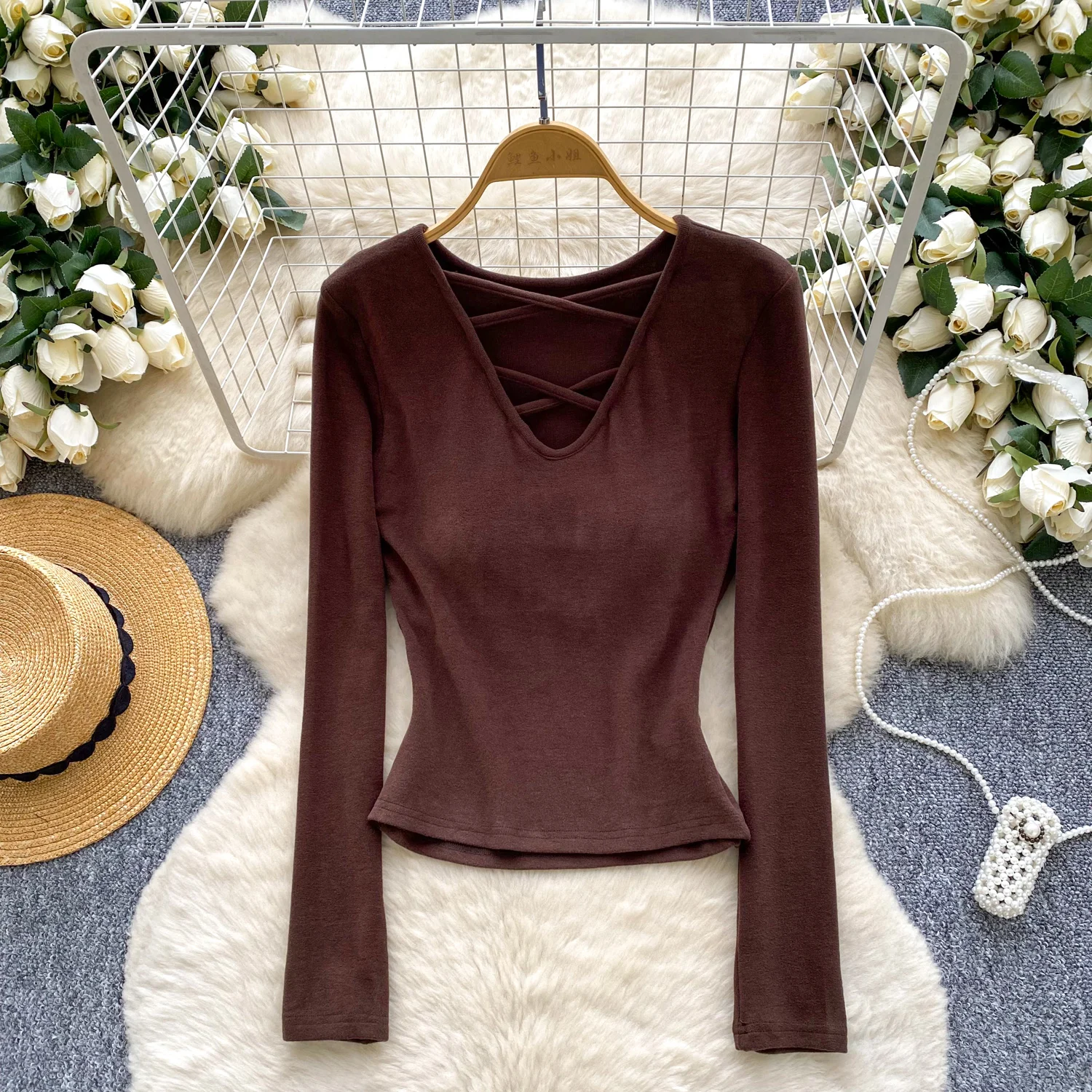 

Vintage hollow out V-neck Long Sleeve Blouse Slim Elegant Korean Fashion Top Sexy Autumn Women Shirt