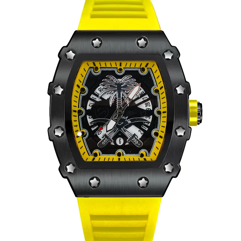 Tonneau Classic Hollow Coconut Tree Sword Pattern Quartz Watches Men Luxury Brand Waterproof Silicone Men Male Watch AAA Clock