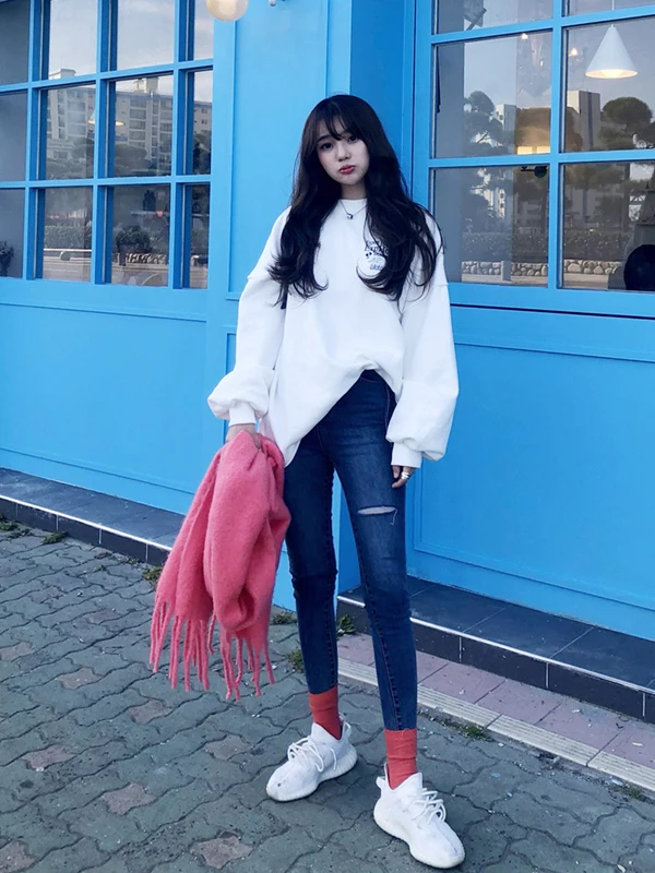 

Корейская женская толстовка свободного кроя из утолщенного флиса в стиле Харадзюку, повседневная, удобная, с длинными рукавами и круглым вырезом