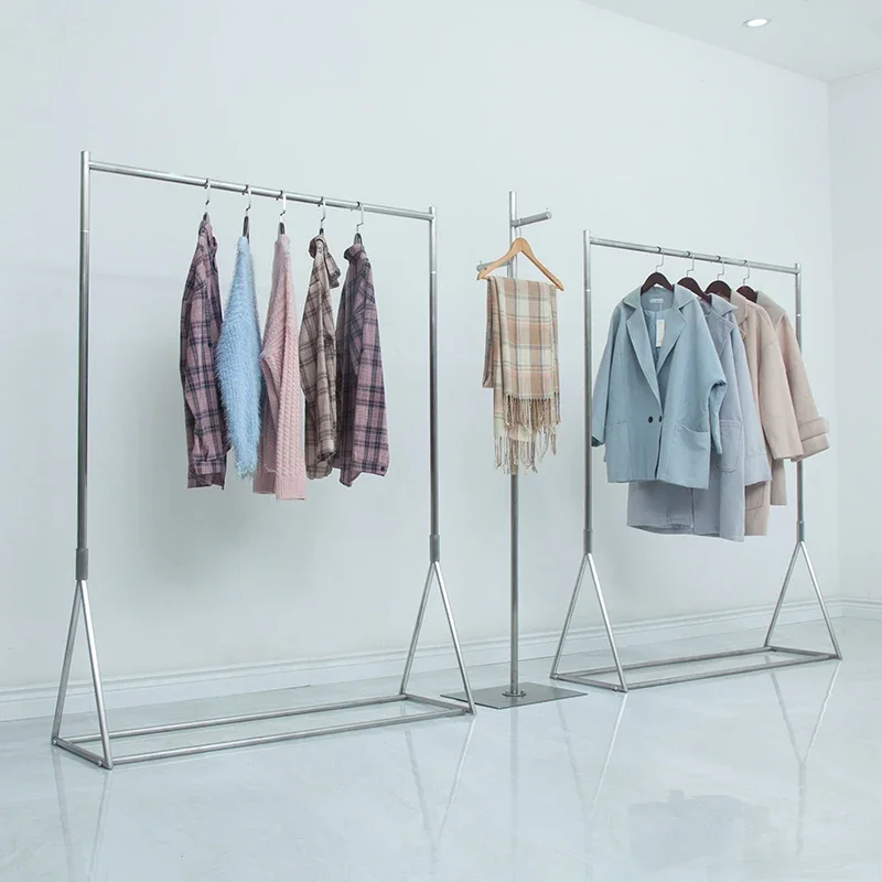 Clothing store display rack Stainless steel brushed women's clothing shelf Floor-to-ceiling simple hanger Silver children's