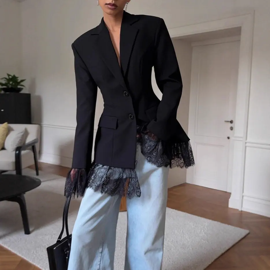 

Black Lace Splice Long Sleeve Suit Jacket 2026 Autumn Commute Women's Fashion Design Sense Commute Women's Long Sleeve Top