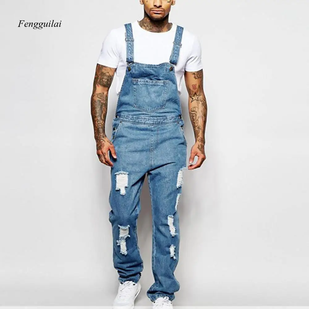 

Fashion Cool Men's Jumpsuit Light Blue Suspender Pants Ripped Denim Trousers Street Casual Youth Pocket Splicing Button Jeans